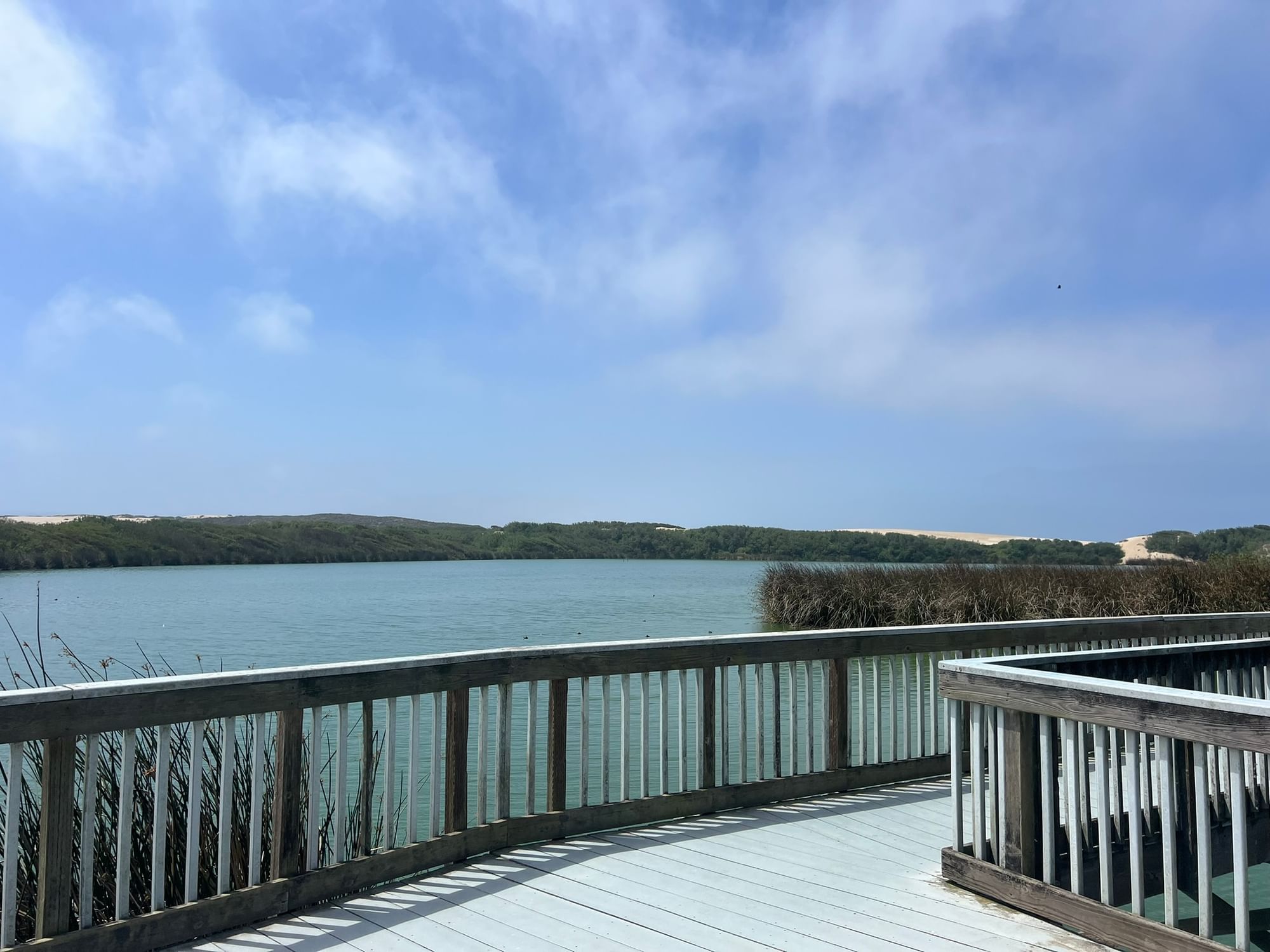Oso Flaco Lake with beach dunes in the background and a dock