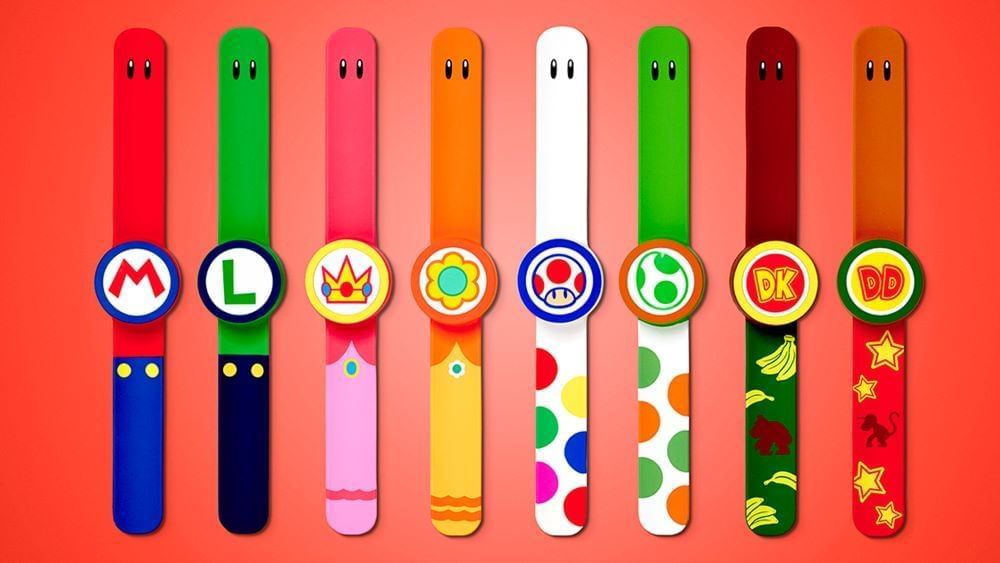 A display of colorful wrist bands inspired by Nintendo characters. 