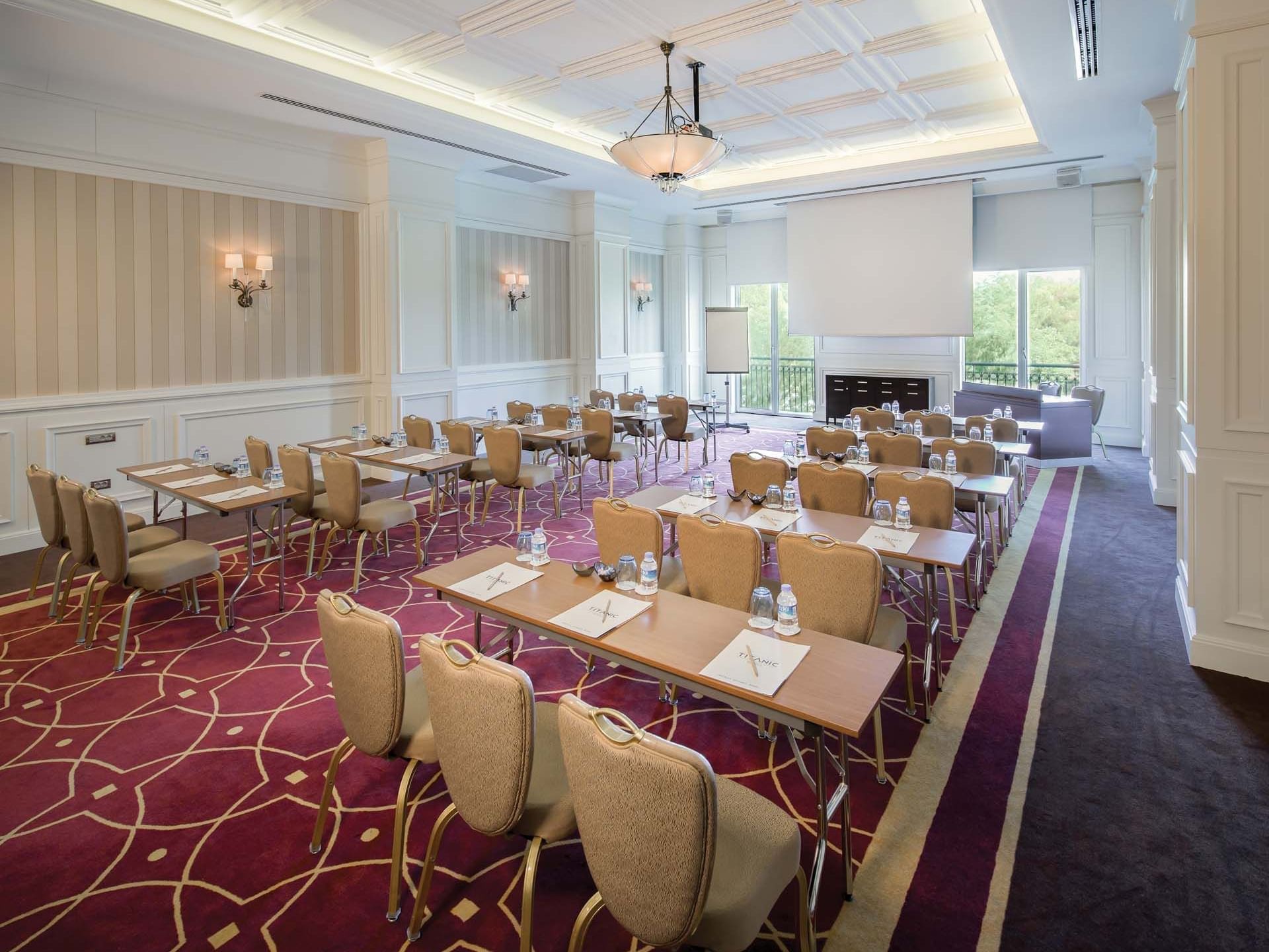 Classroom set-up with carpeted floors in Adriatic Meeting Room at Titanic Deluxe Golf Belek