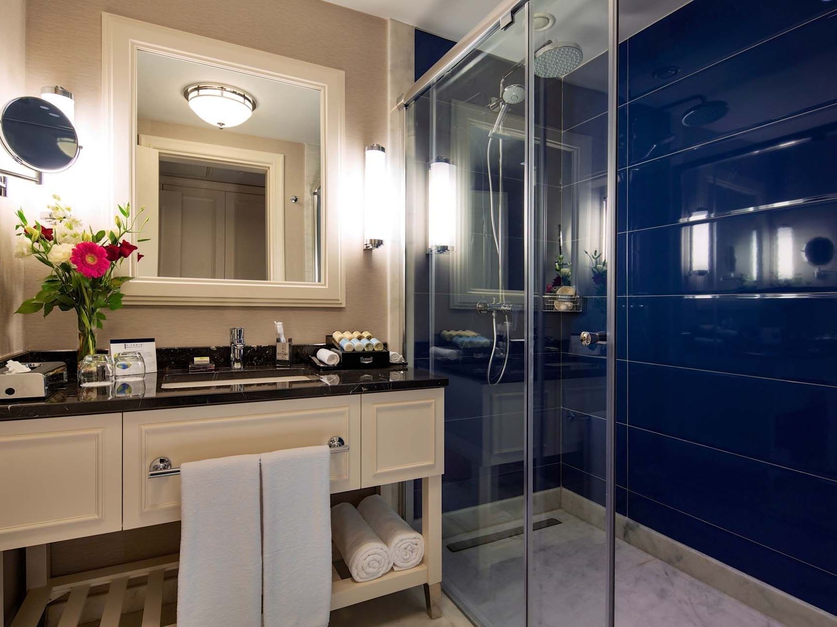 Bathroom with vanity & shower area in Major Suite at Titanic Deluxe Golf Belek