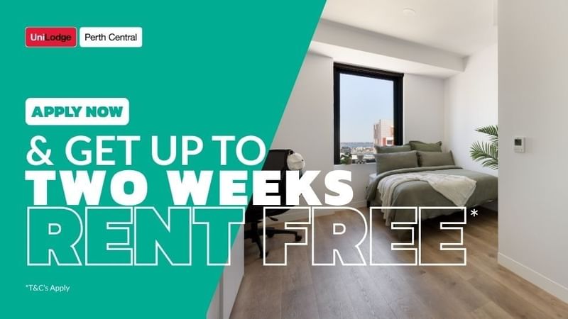 High Floor Studio apartment with city views and promotional offer for two weeks rent free in UniLodge Perth Central.
