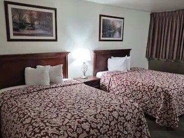 Two beds with floral covers and white pillows.