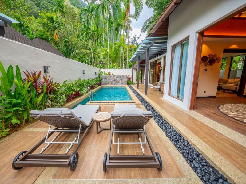 Grand Garden Villa with private pool, sun loungers, and lush tropical gardens at The Banjaran Hotsprings Retreat, Ipoh