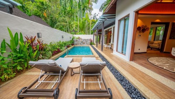Grand Garden Villa with private pool, sun loungers, and lush tropical gardens at The Banjaran Hotsprings Retreat, Ipoh