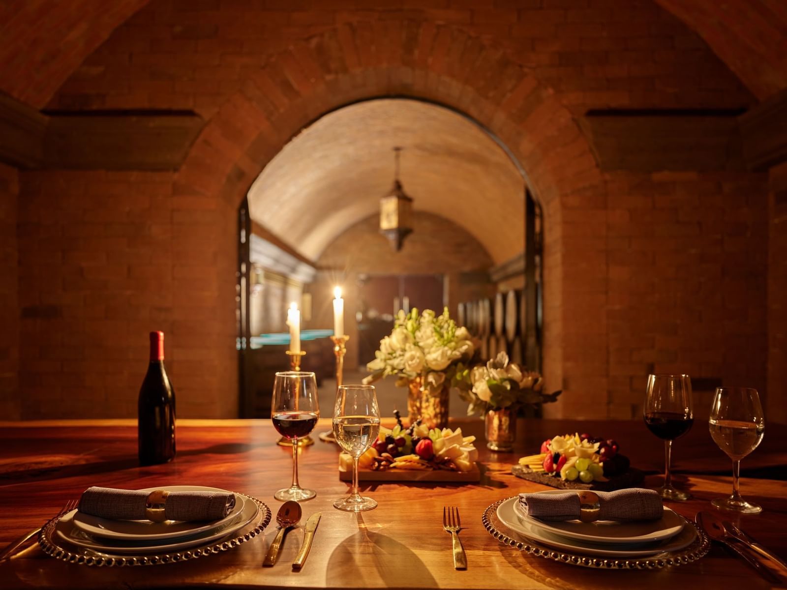 Dining set-up in Chateau Galindo Cava at La Colección Resorts
