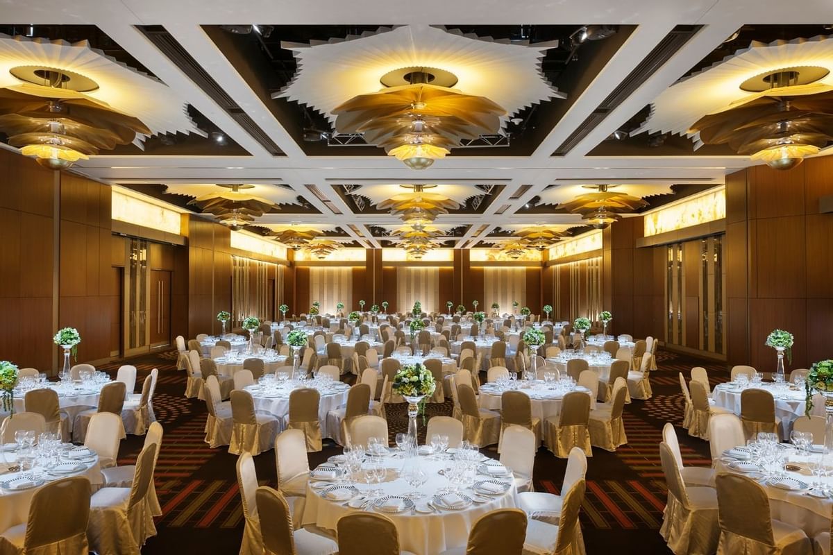 Banquet table setup in a spacious Hall at Crown Hotel Perth