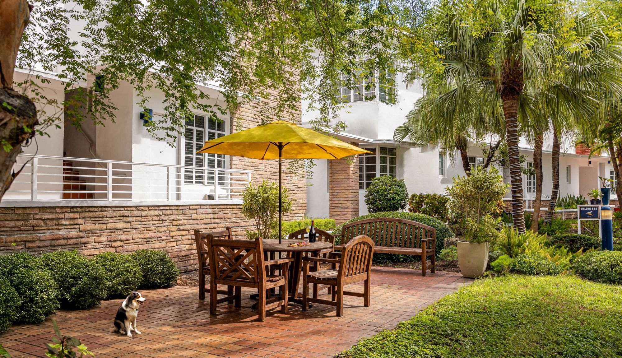 A serene outdoor seating area with a yellow umbrella, wooden furniture, and a dog, surrounded by lush greenery and a stone wall.