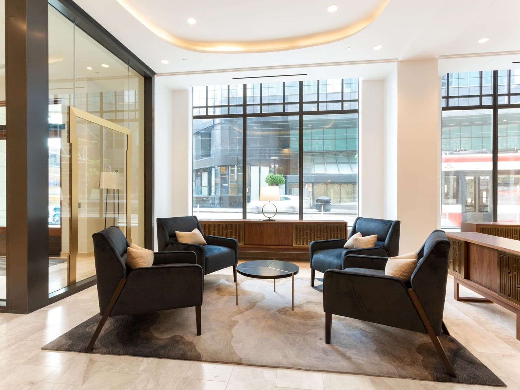 Hotel lobby lounge area at King Blue Hotel Toronto