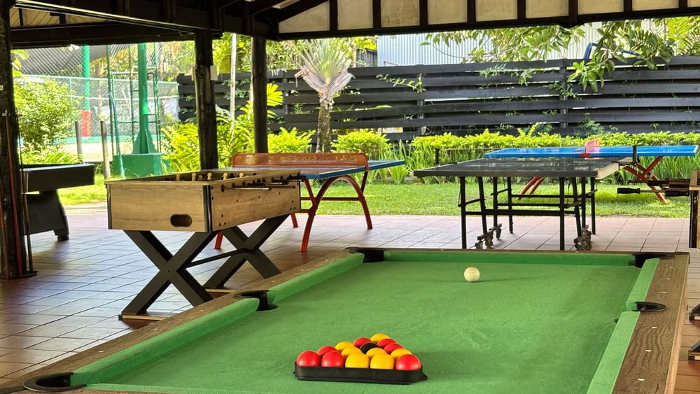 Pool and foosball tables set up outdoors at Warwick Fiji Resort and Spa, Korolevu.