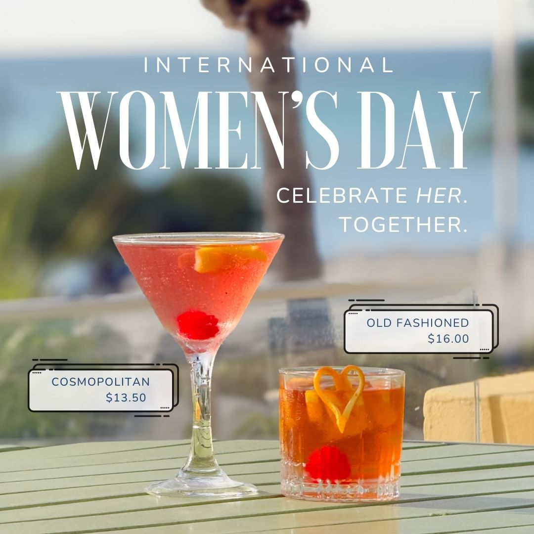 Two cocktails (Cosmopolitan & Old Fashioned) on a table celebrating International Women's Day at Horizons Lounge.