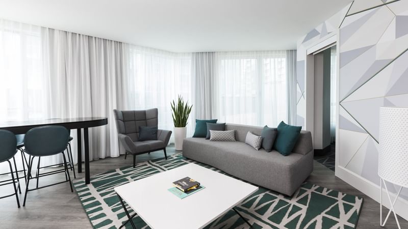 Modern living area in Penthouse Suite Sainte-Catherine at Warwick Le Crystal