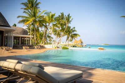 Serene tropical scene at Ananea Madivaru Maldives with palm trees, a tranquil pool, and lounge chairs by the clear sea