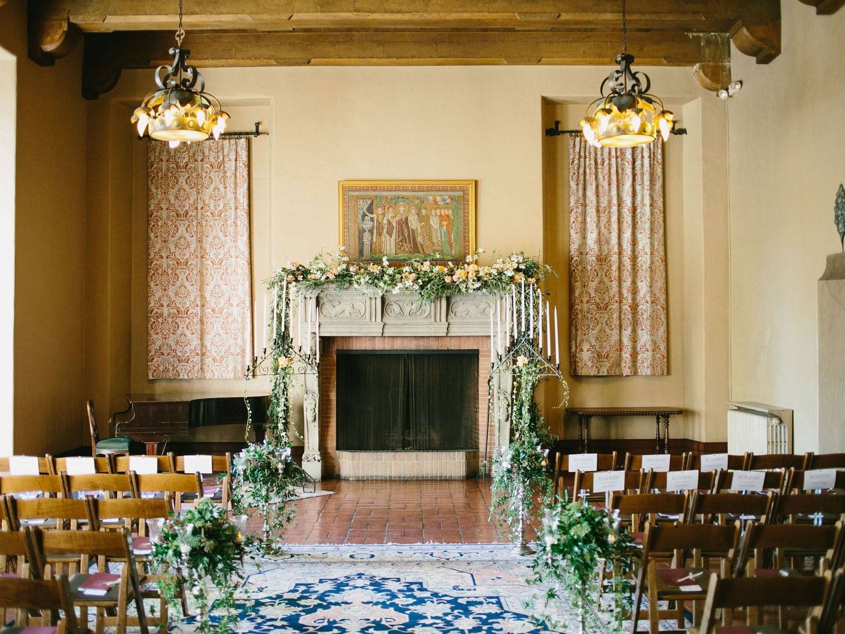 Drawing Room arranged with a fireplace for an event at Berkeley City Club