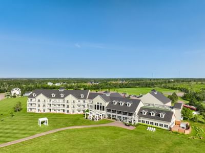 Aerial view of the main hotel building and luxury accommodations pei at Rodd Crowbush Golf & Beach Resort