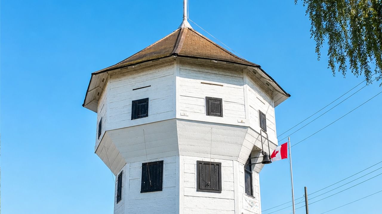 White octagonal tower with brown roof and small windows at The Bastion under clear blue sky with flag flying.