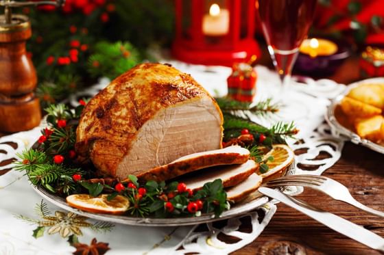 Close-up of a Christmas feast arranged on a table at The Danna Langkawi