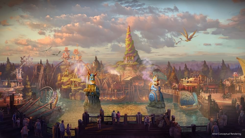 A conceptual rendering of a lagoon with two large blue and gold statues overlooking a Nordic-inspired village with dragons flying overhead. 