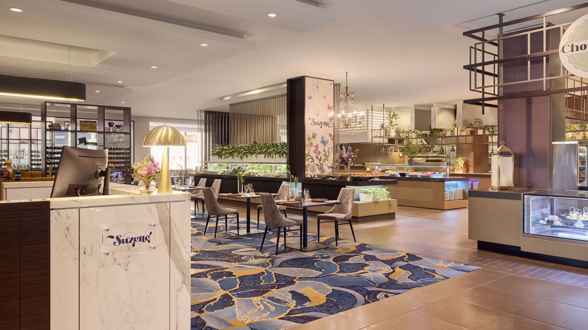 Modern hotel buffet area with elegant furniture in Suzette at Sofitel Brisbane Central