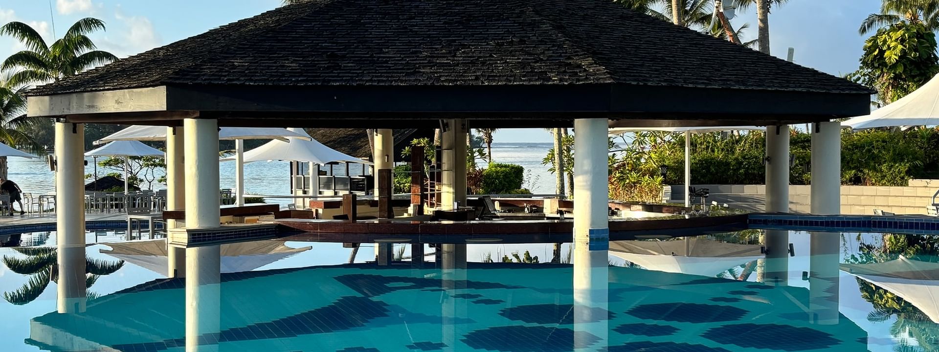 Pool Grill & Bar pavilion over swimming pool at Warwick Le Lagon - Vanuatu, Efate.