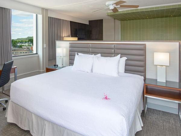 A hotel suite with a king bed, a desk, a chair, and a large window.