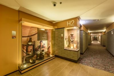 A hallway with a display of ornaments at Diez Hotel Categoría
