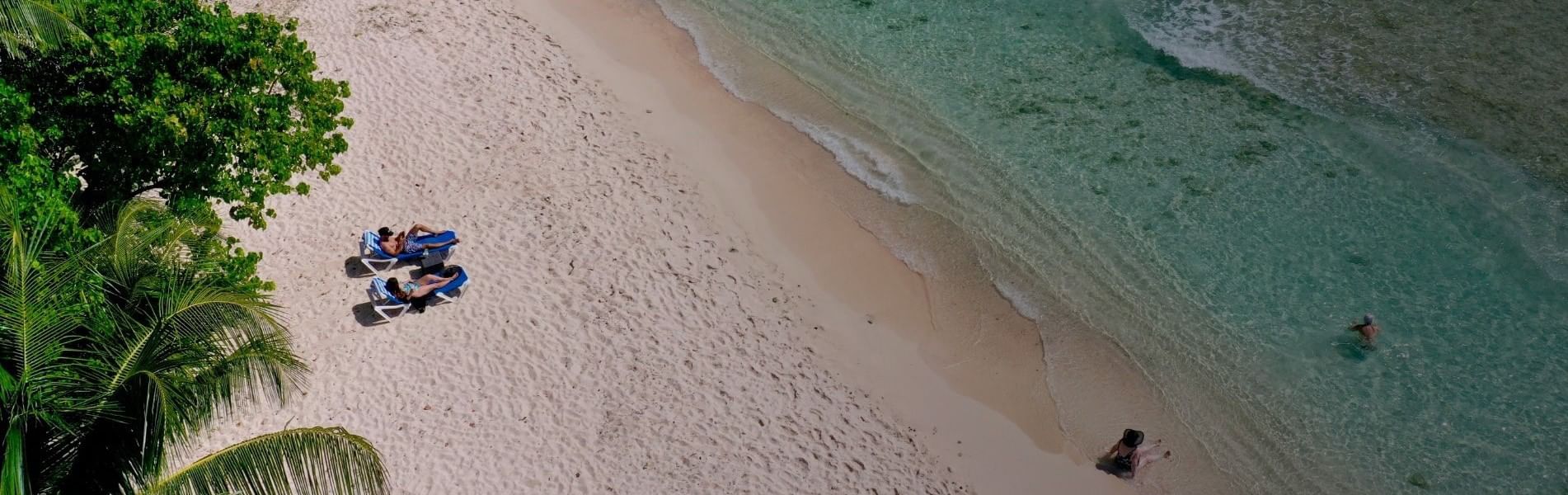 Overhead view of guests on lounge chairs by a sandy beach under palm tree leaves near Savannah Beach Hotel