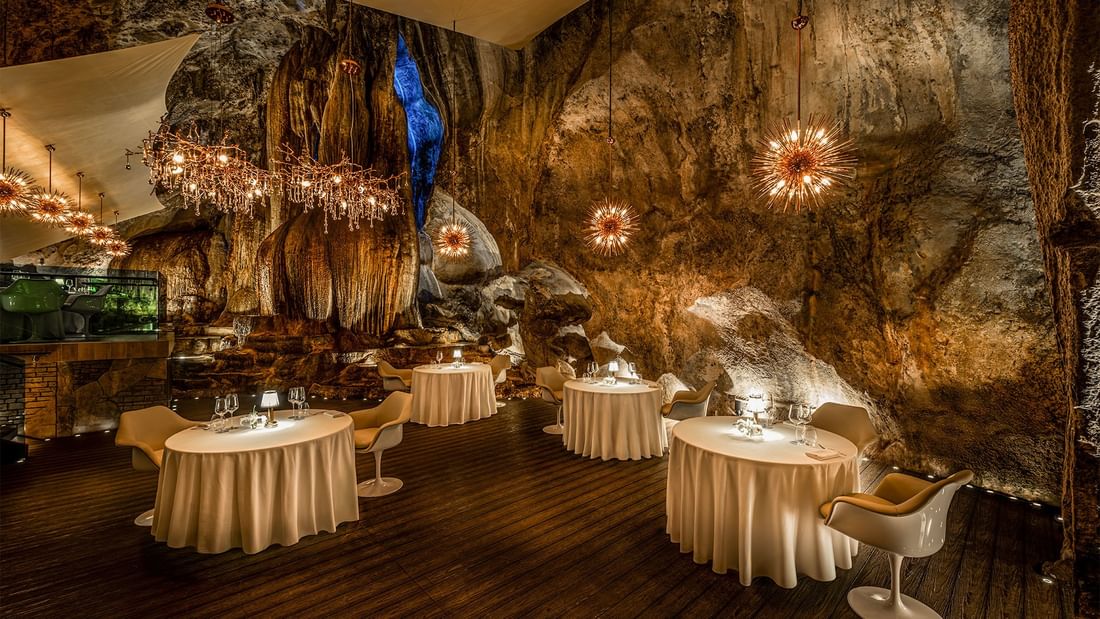 JEFF'S CELLAR lower deck dining area with rustic cave decor at The Banjaran Hotsprings Retreat in Ipoh.