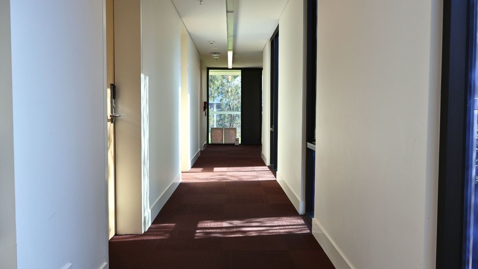 Long hallway with white walls, red carpet, and room doors at La Trobe University.