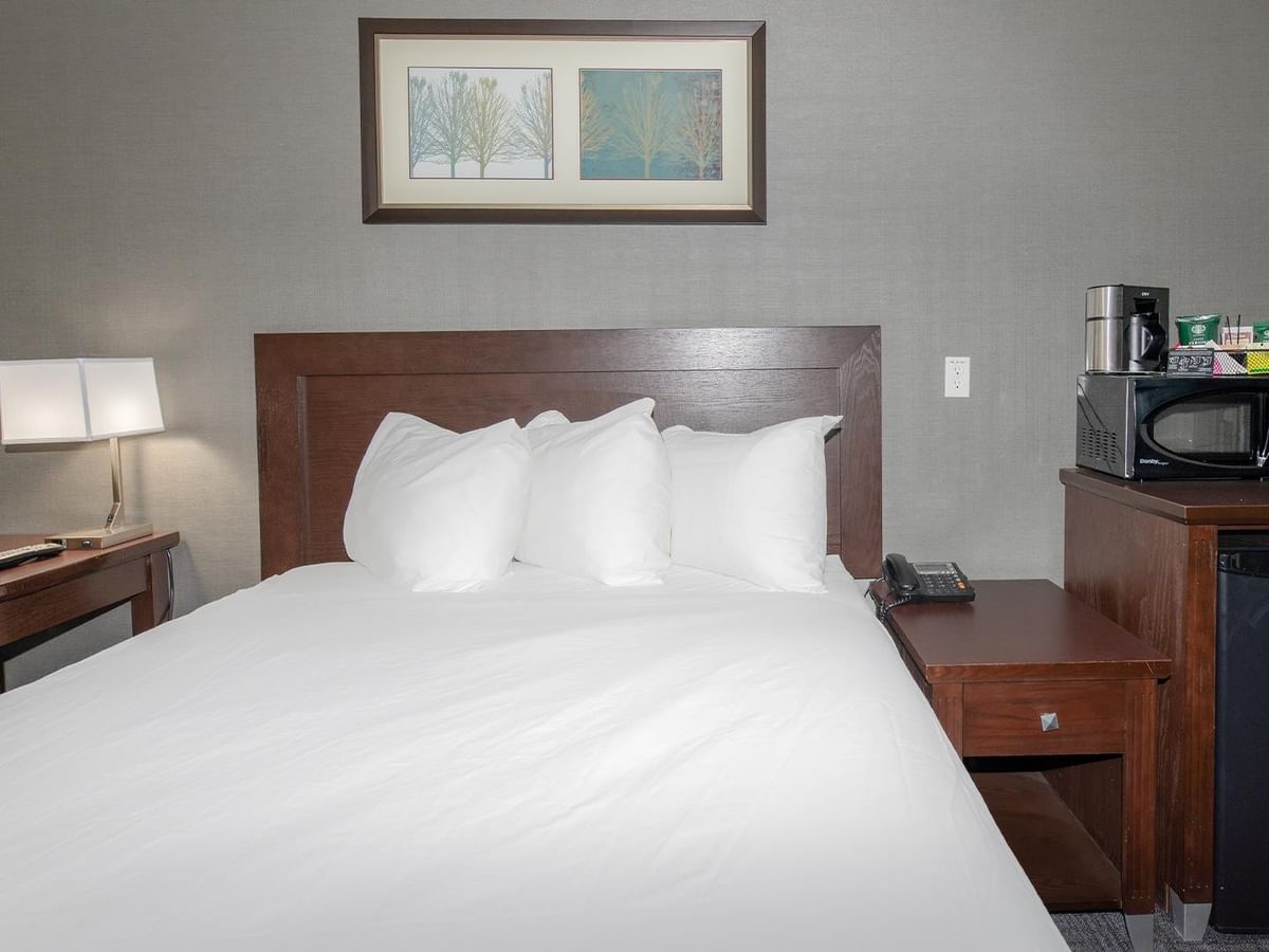 Queen-sized accessible room with white bedding and amenities.