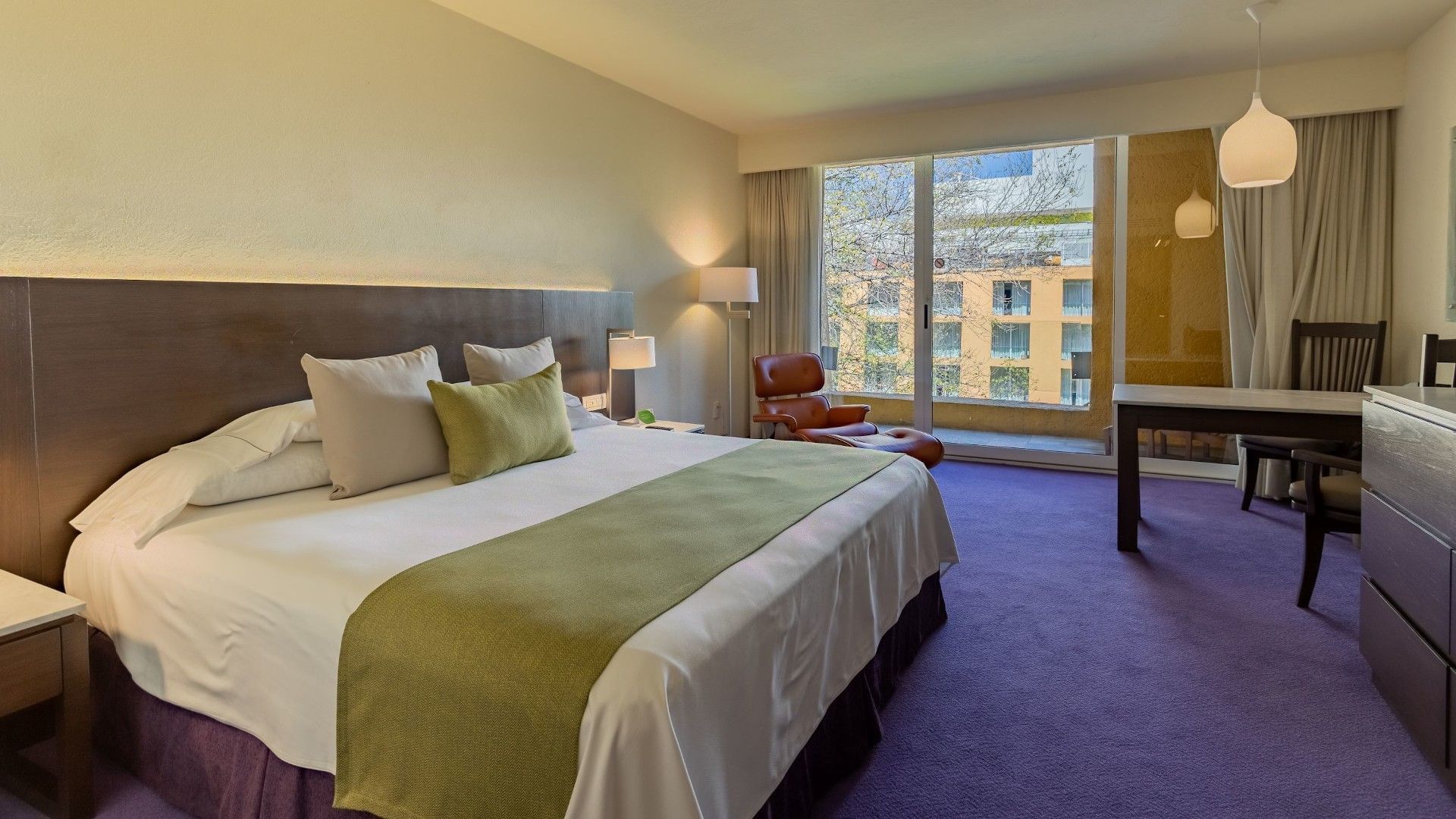 Habitación King Camino Real Club con cama king, alfombra púrpura y vista desde la ventana en Camino Real Polanco México