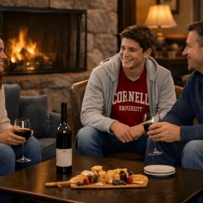 Family enjoys red wine with a charcuterie board after a Cornell Campus tour in a cozy lodge at La Tourelle Hotel and Spa