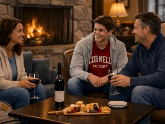 Family enjoys red wine with a charcuterie board after a Cornell Campus tour in a cozy lodge at La Tourelle Hotel and Spa