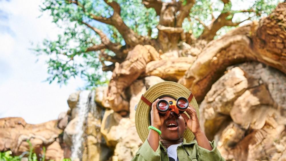 Child gazing through binocular at Theme Park near Lake Buena Vista Resort Village & Spa