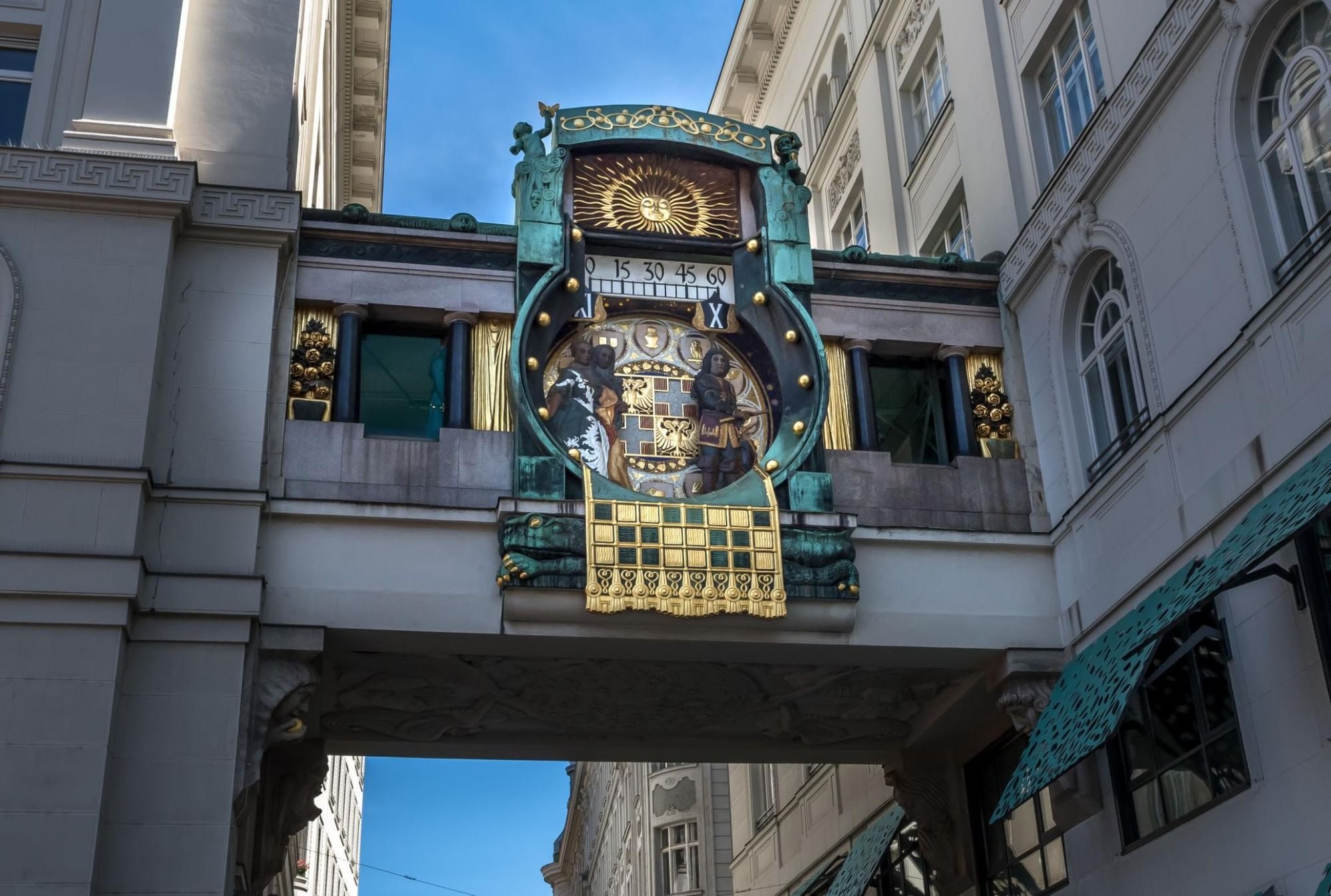 Historic Anker Clock at Hoher Markt in Vienna with gilded figures and Art Nouveau ornaments.