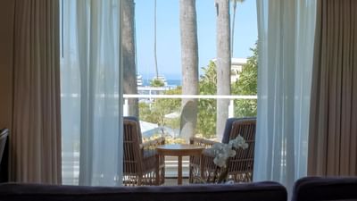 Balcony lounge area in Descanso and Moonstone Suites at Pavilion Hotel Catalina Island