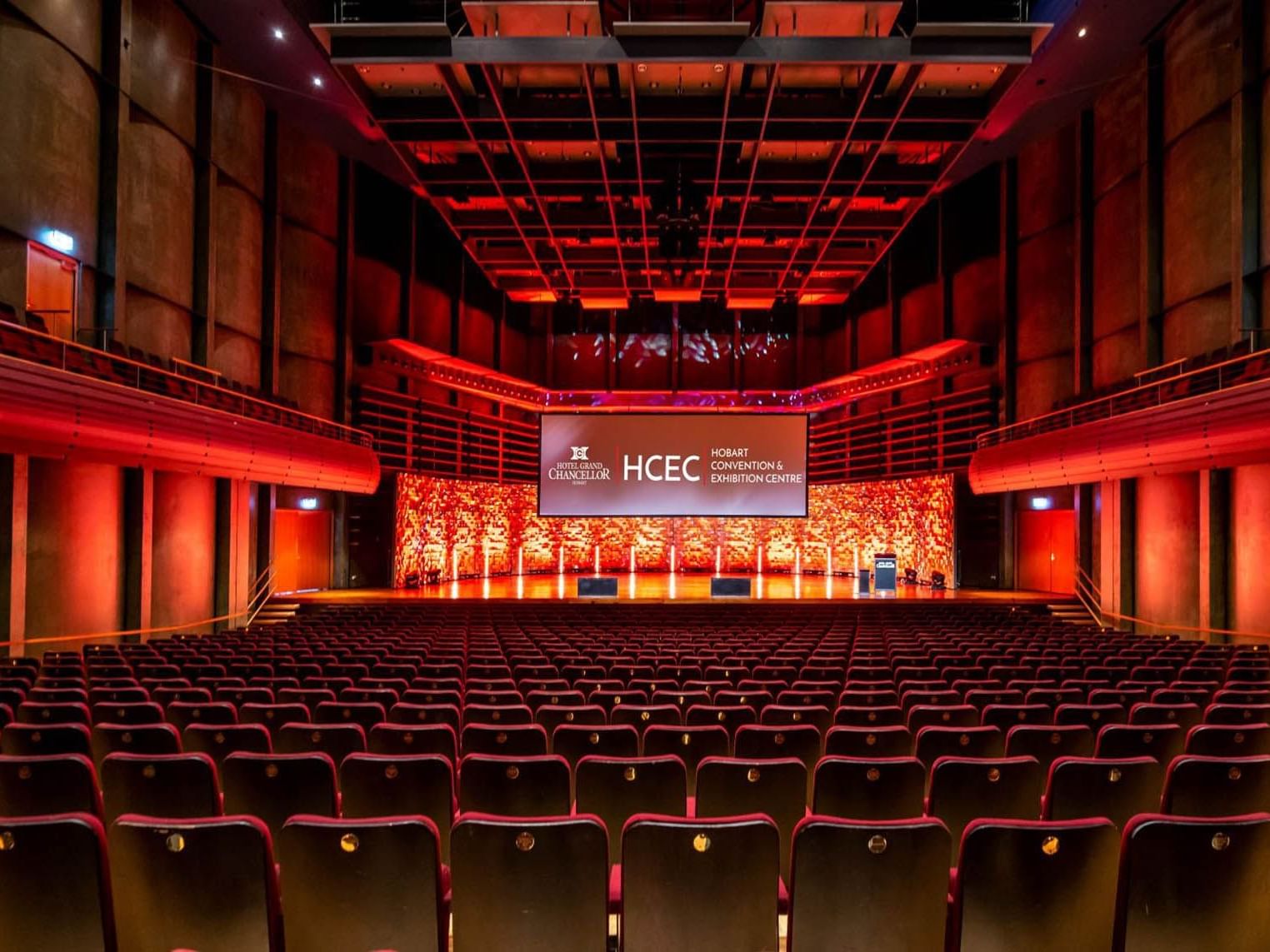 Theatre set-up in Federation Concert Hall with a stage at Grand Chancellor Hobart