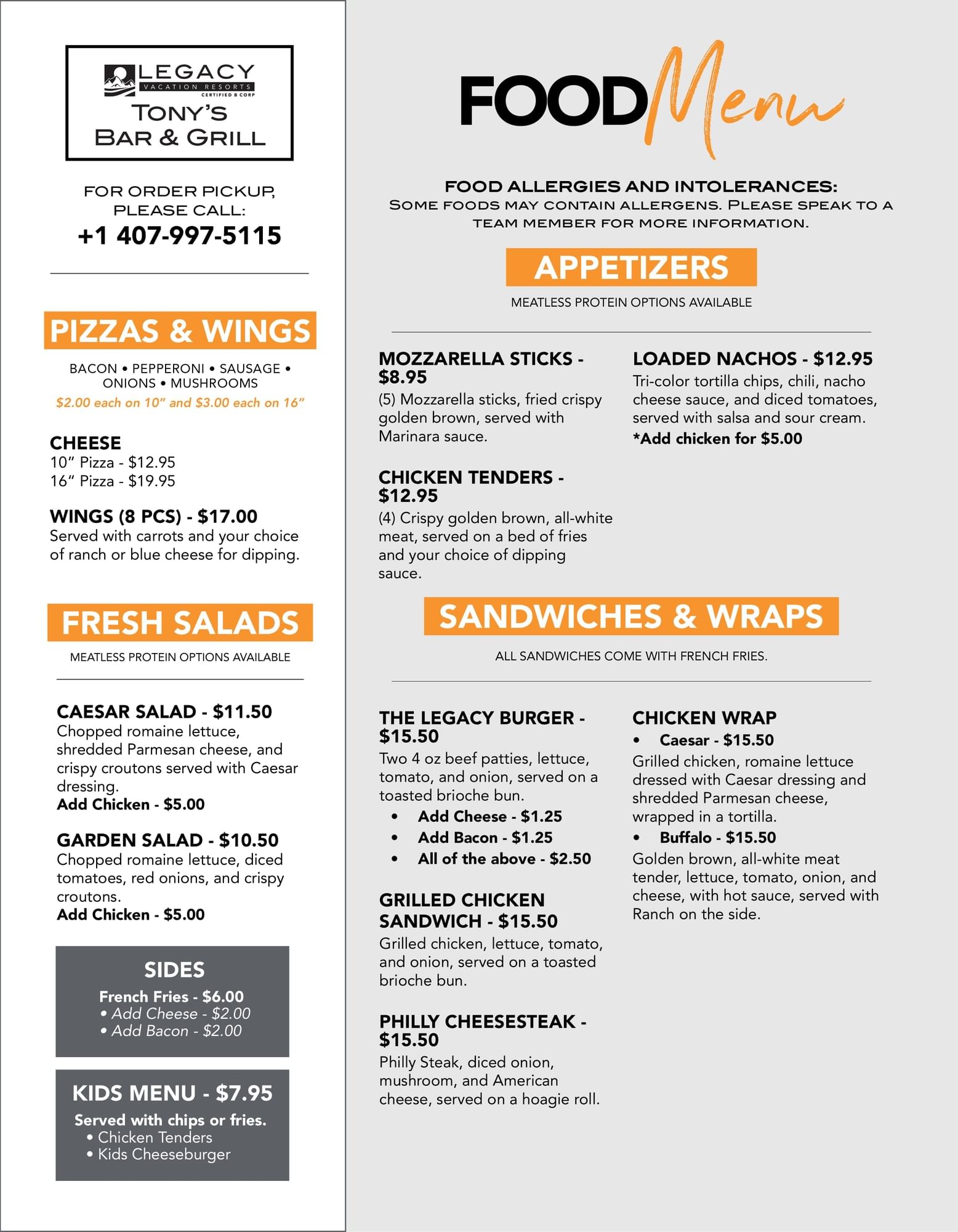 Tony\’s Bar & Grill food menu featuring pizzas, salads, appetizers, sandwiches, and kids items at Legacy Vacation Resorts