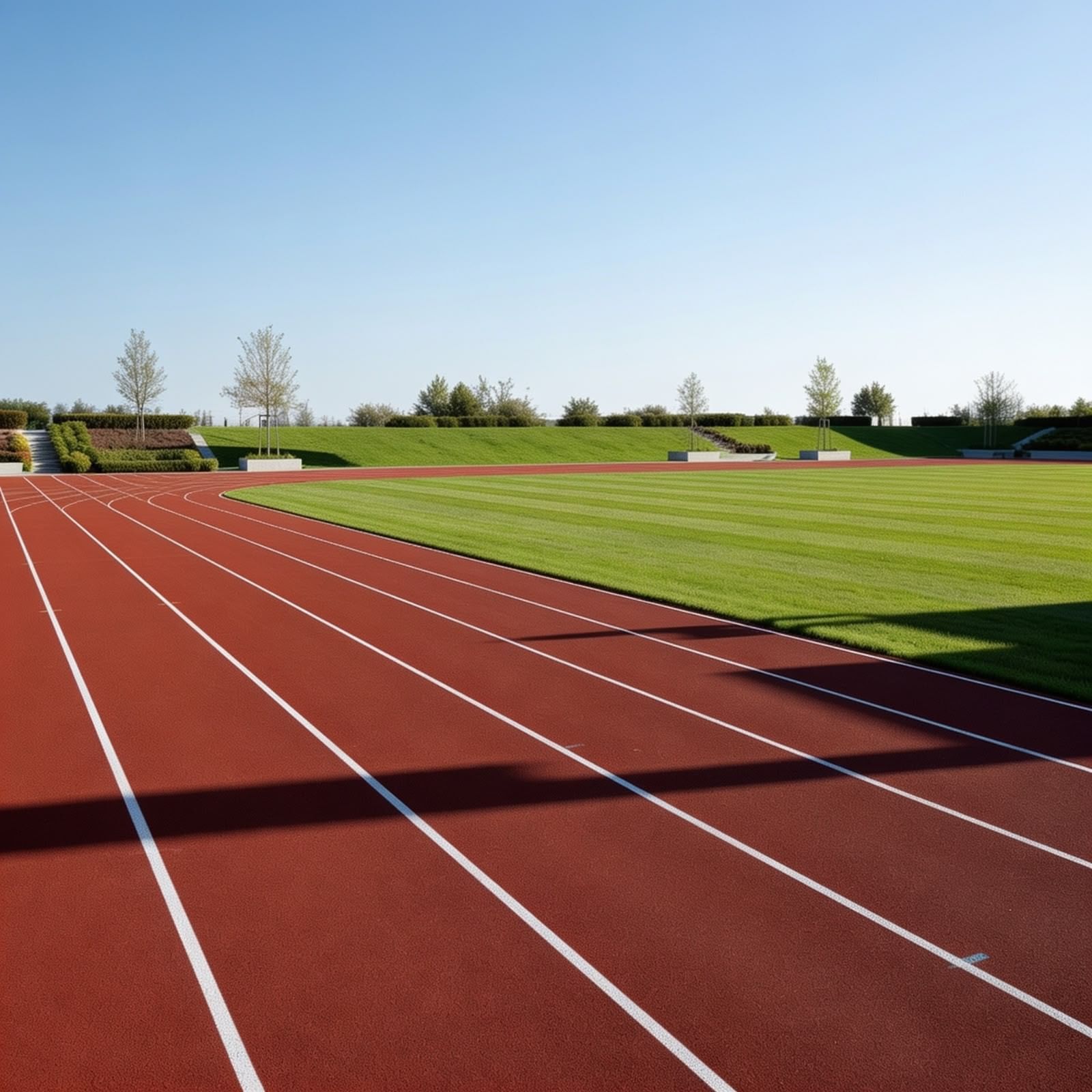 Empty lanes of a red running track curving around a striped green infield