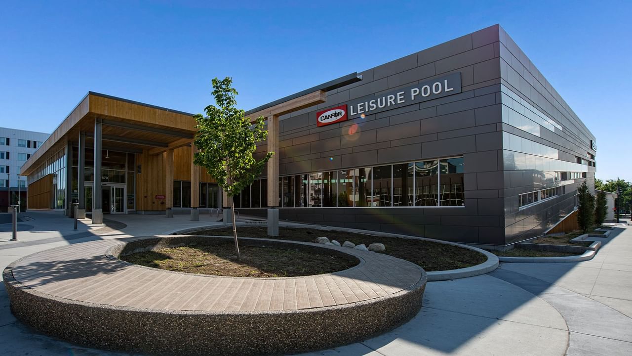 Exterior of Canfor Leisure Pool building.