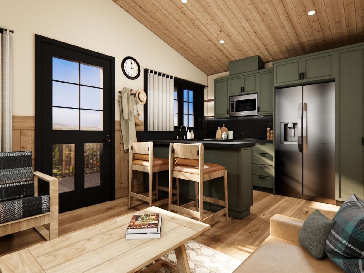 Cozy cabin interior with kitchen and living area