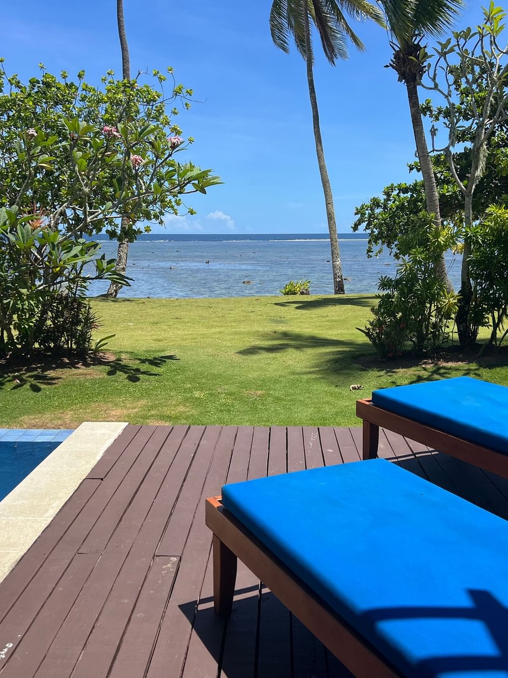 Two blue lounge chairs beside a plunge pool with ocean view at Tambua Sands Beach Resort in Sigatoka.