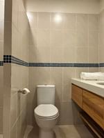 Modern bathroom with shower, toilet, and wooden vanity at Warwick Le Lagon - Vanuatu in Efate.