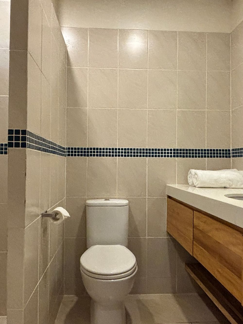Modern bathroom with shower, toilet, and wooden vanity at Warwick Le Lagon - Vanuatu in Efate.