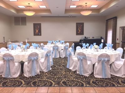 tables and chairs in a ballroom
