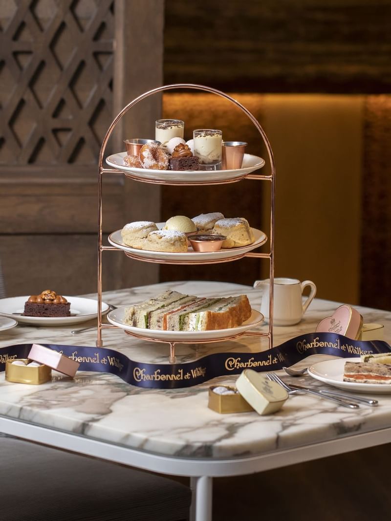 Closeup on high tea items at The May Fair Hotel London
