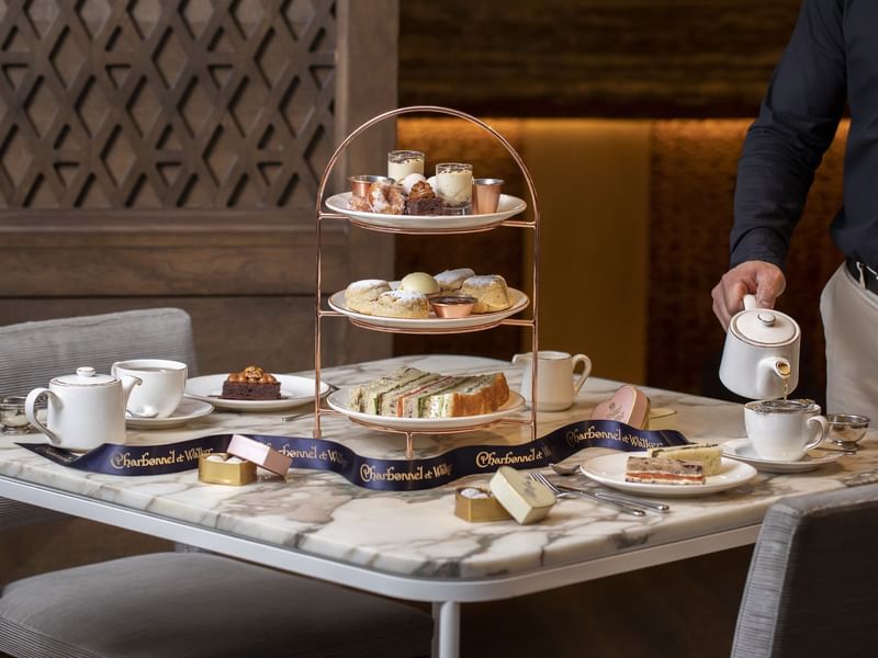 Closeup on high tea items at The May Fair Hotel London