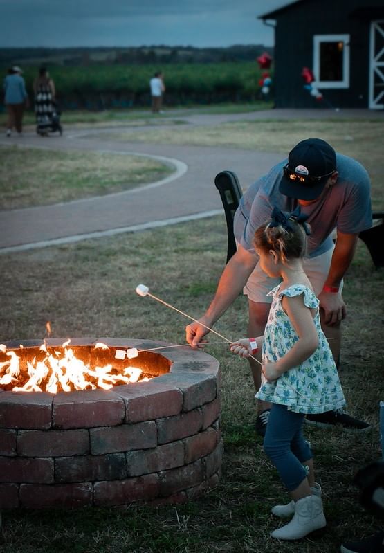 A dad and his young daughter hold sticks with marshmallows over a campfire at twilight.