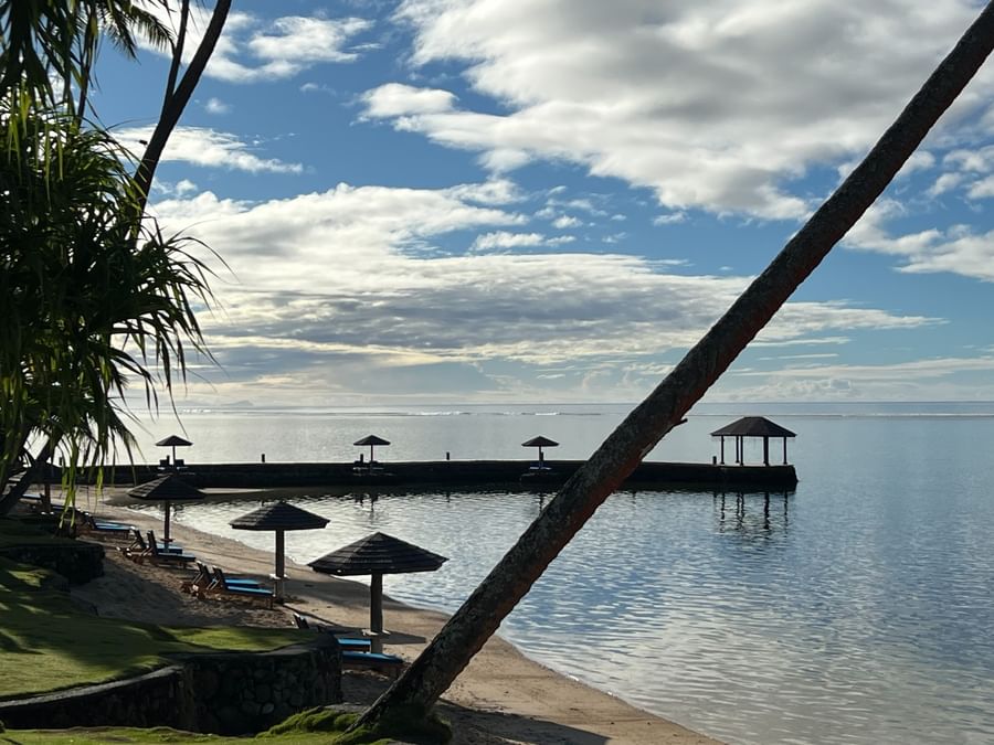 Beachside view with palm trees and umbrellas at Warwick Fiji Resort and Spa.
