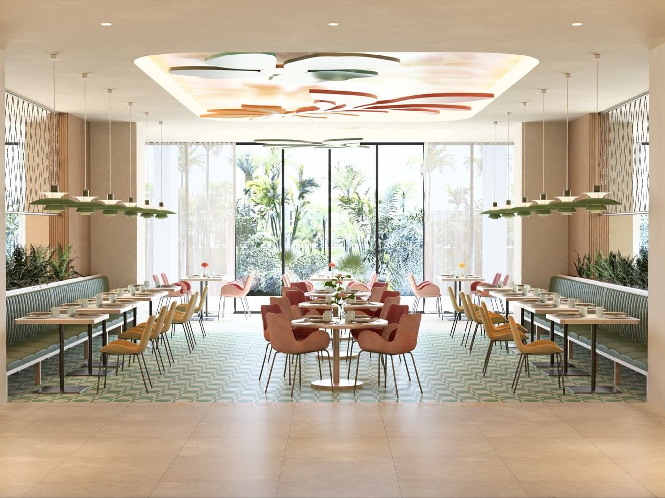 Stylish dining room at Fiesta Americana Funeeq Punta Cana with colorful chairs and large garden-view windows