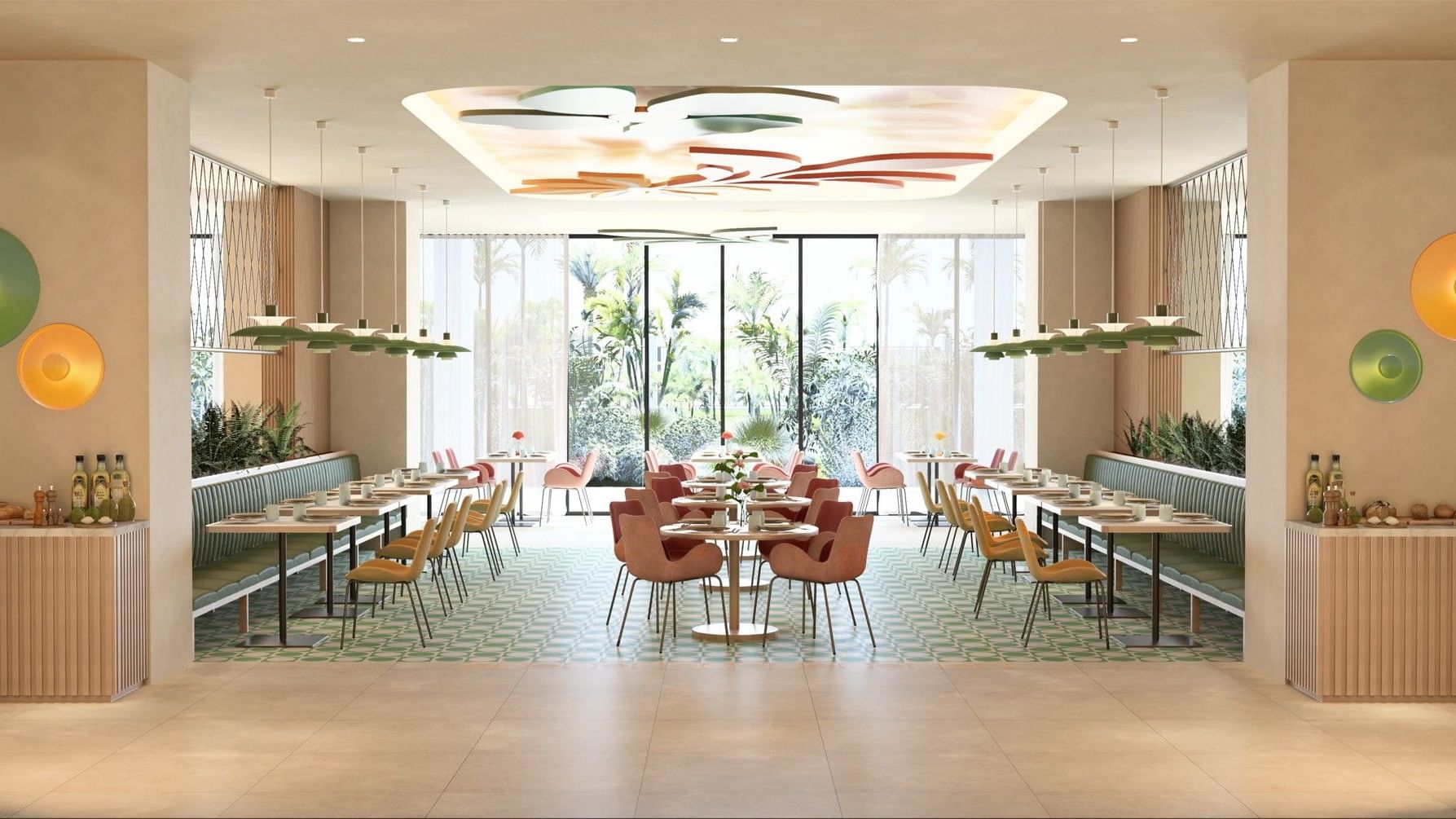 Comedor moderno en Fiesta Americana Funeeq Punta Cana con sillas coloridas y grandes ventanales con vista al jardín